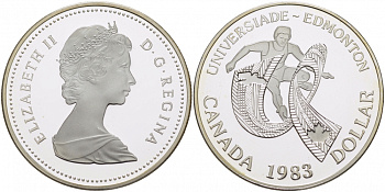 Канада 1 доллар 1983 XII летняя Универсиада в Эдмонтоне KM 138 серебро PROOF 04-302-14