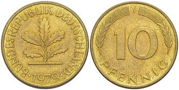 ФРГ 10 ПФЕННИГОВ 1979 F KM 108, J. 383 сталь плакированная латунью 4182-913