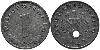 ГЕРМАНИЯ 1 РЕЙХСПФЕННИГ 1943 G KM 97, J.369 цинк 96-815
