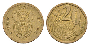 ЮАР 20 центов 2004 герб, цветок протея KM 328 сталь плакированная бронзой 4618-562