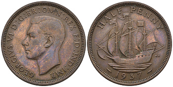 Великобритания 1/2 пенни 1937 Георг VI (1936-1952) KM 844, Spink 4115 бронза 4610-654