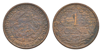 Нидерланды 1 цент 1917 Вильгельмина (1890-1948) KM 152 бронза 75-151