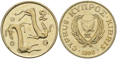 Кипр 2 цента 1990 KM 54.2 никель латунь 4174-1249