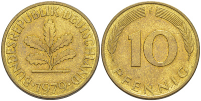 ФРГ 10 ПФЕННИГОВ 1979 F KM 108, J. 383 сталь плакированная латунью 4182-913