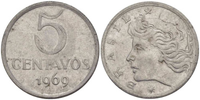 Бразилия 5 сентаво 1969 реформа 1967-1985, голова свободы влево KM 577.1 нержавеющая сталь 35-134