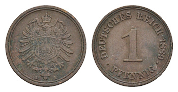 Германия 1 пфенниг 1889 A, Вильгельм II (1888-1918) KM 1, J. 1 медь 4639-1065