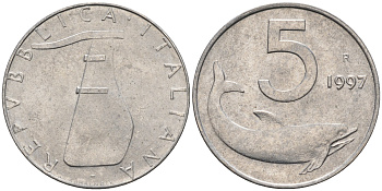 Италия 5 лир 1997 R, дельфин KM 92 алюминий  UNC  4594-638