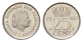 Нидерланды 25 центов 1980 Юлиана (1948-1980) KM 183 никель aUNC 192-1234