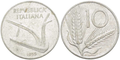 ИТАЛИЯ 10 ЛИР 1955 R, ПЛУГ, КОЛОСЬЯ KM 93 алюминий 175-352