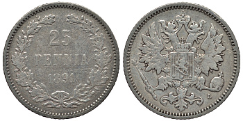 РОССИЯ ДЛЯ ФИНЛЯНДИИ 25 ПЕННИ 1891 L, АЛЕКСАНДР III KM 6.2, Биткин 240 серебро 443-815