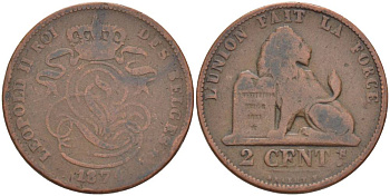 БЕЛЬГИЯ 2 САНТИМА 1874 BELGES, ШИРОКАЯ ДАТА KM 35.1 медь 4546-116
