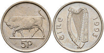 Ирландия 5 пенсов 1993 бык KM 28 медно-никель 4174-852