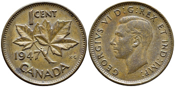 Канада 1 цент 1947 Георг VI (1937-1952), кленовый лист KM 32 бронза 4396-248