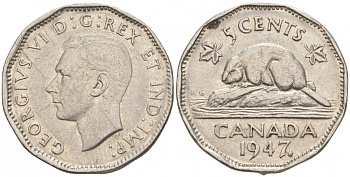 Канада 5 центов 1947 бобр Maple leaf, Георг VI (1936-1952) KM 39a никель 73-1251