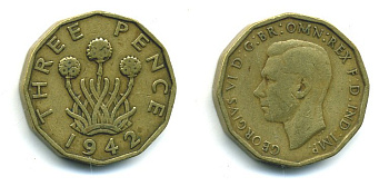 Великобритания 3 пенса 1942 Георг VI (1936-1952) KM 849, Spink 4112 никель латунь 540-242