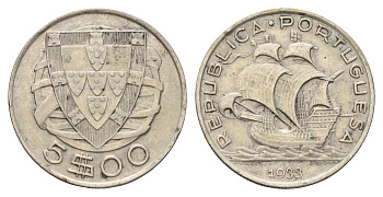 Португалия 5 эскудо 1933 парусник KM 581 серебро 650-1912