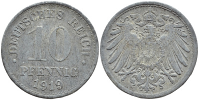 ГЕРМАНИЯ 10 ПФЕННИГОВ 1919 KM 26, J 299 цинк 4395-1241