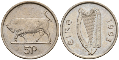 Ирландия 5 пенсов 1993 бык KM 28 медно-никель 4174-852