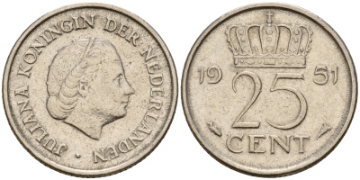 Нидерланды 25 центов 1951 Юлиана (1949-1980) KM 183 никель    4598-347