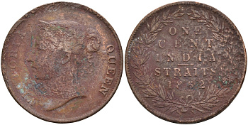 Стрейтс-Сетлментс 1 цент 1862 Виктория (1837-1901), Ост-Индская компания KM 6 медь 4590-312