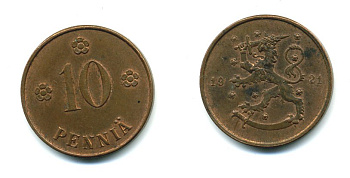 Финляндия 10 пенни 1921 республика (1918-1962) KM 24 медь 46-221