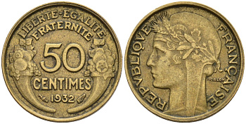 Франция 50 сантимов 1932 KM 894.1, Le Franc 192.15 алюминиевая бронза 4596-743