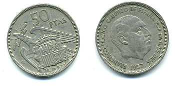 ИСПАНИЯ 50 ПЕСЕТ 1957 KM 788 медно-никель 04-626