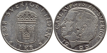 Швеция 1 крона 1999 Карл XVI Густав (1973- ) KM 852a медно-никель 89-1444