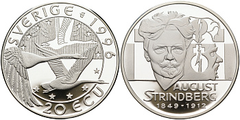 Швеция 20 экю 1996 Карл XVI Густав (1973- ), Август Стриндберг (1849-1912) серебро PROOF 11-315-12