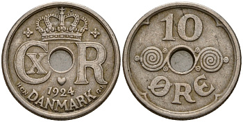 Дания 10 эре 1924 HCN; GJ, Кристиан X (1912-1947) KM 822 медно-никель 4189-741