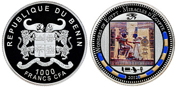 Бенин 1000 франков 2012 серия сокровища Египта, фреска Тутанхамон, цветная эмаль серебро PROOF 1087-10-11