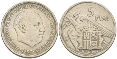ИСПАНИЯ 5 ПЕСЕТ 1957 (65) ФРАНСИСКО ФРАНКО ДИКТАТОР ИСПАНИИ (1939-1975) KM 786 медно-никель 4551-952