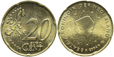Нидерланды 20 евроцентов 2004 Беатрикс (1980-2013) KM 238 латунь UNC 08-1113