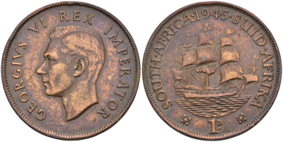 ЮАР 1 пенни 1945 Георг VI (1937-1952) KM 25 бронза 4368-521