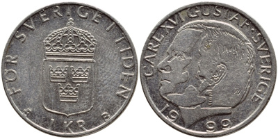 Швеция 1 крона 1999 Карл XVI Густав (1973- ) KM 852a медно-никель 89-1444