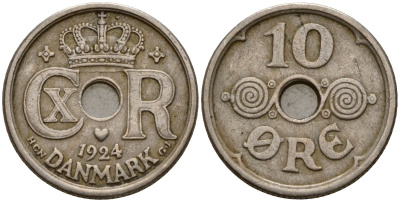 Дания 10 эре 1924 HCN; GJ, Кристиан X (1912-1947) KM 822 медно-никель 4189-741