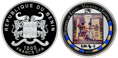 Бенин 1000 франков 2012 серия сокровища Египта, фреска Тутанхамон, цветная эмаль серебро PROOF 1087-10-11