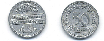 ГЕРМАНИЯ 50 ПФЕННИГОВ 1921 A KM 27, J. 301 алюминий 58-437