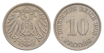 Германия 10 пфеннигов 1908 A, Вильгельм II (1888-1918) KM 12, J. 13 медно-никель 4640-313