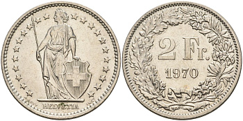 Швейцария 2 франка 1970 KM 21а.1 медно-никель 4607-616