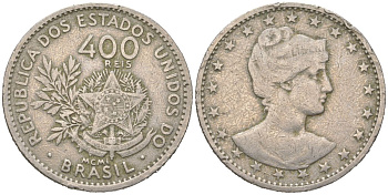 Бразилия 400 реалов 1901 MCMI, голова свободы вправо KM 505 медно-никель 4612-422