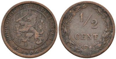 Нидерланды 1/2 цента 1906 Вильгельмина (1890-1948) KM 133 бронза 4576-331