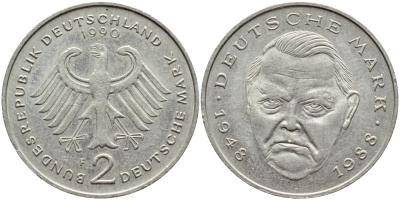 ФРГ 2 МАРКИ 1990 F, ЭРХАРД ЛЮДВИГ КМ 170 J.445 медно-никель плакированный никелем 80-553