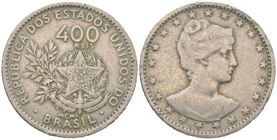 Бразилия 400 реалов 1901 MCMI, голова свободы вправо KM 505 медно-никель 4612-422
