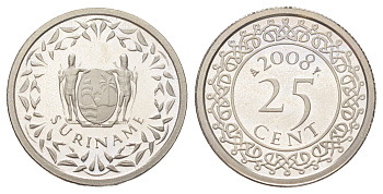 Суринам 25 центов 2008 тираж 1000 экземпляров KM 14a медно-никель BU 4625-351