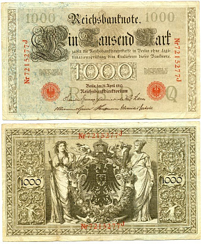 ГЕРМАНИЯ 1000 МАРОК 1910 КРАСНАЯ ПЕЧАТЬ, 7 ЦИФР В НОМЕРЕ Pick 44b бумага 6301-38-1-1