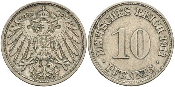 ГЕРМАНИЯ 10 ПФЕННИГОВ 1911 G KM 12, J. 13 медно-никель 31-1121