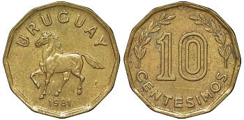 Уругвай 10 сентесимо 1981 KM 66 алюминиевая бронза 4169-529