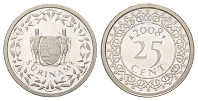 Суринам 25 центов 2008 тираж 1000 экземпляров KM 14a медно-никель BU 4625-351