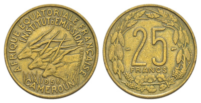 Французская Экваториальная Африка, Камерун 25 франков 1958 KM 12 алюминиевая бронза 4179-525
